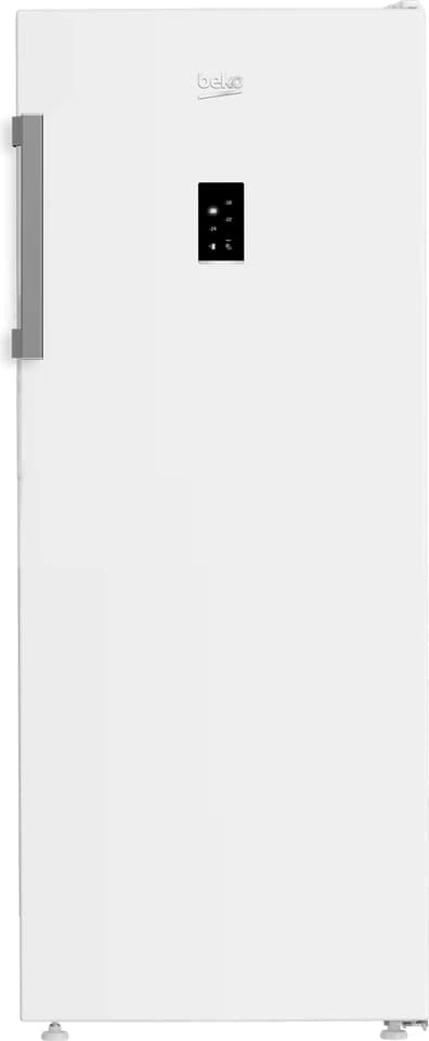 Congelatore verticale Total No Frost Beko B3RFNE274W bianco a porta chiusa con il display sulla porta, fotografia ufficiale