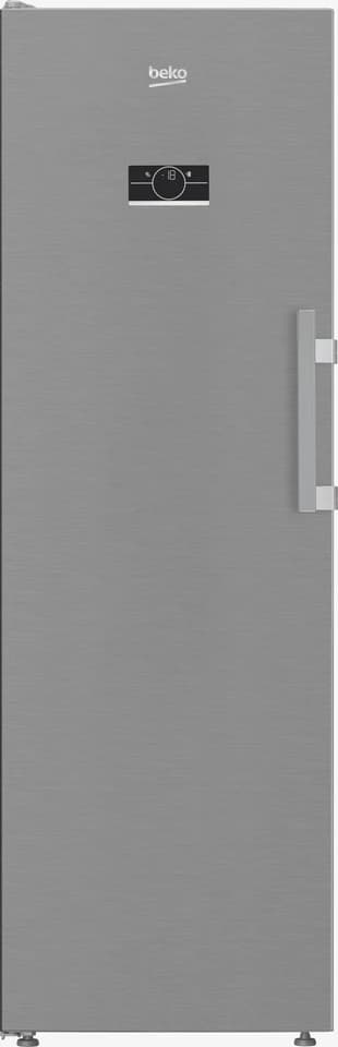 Congelatore verticale Total No Frost Beko B5RMFNE314X inox a porta chiusa con il display sulla porta, fotografia ufficiale