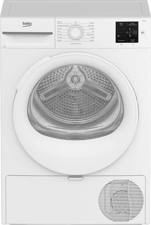 Asciugatrice slim Beko BMT73EW bianca con l’oblò bianco e il display digitale, fotografia ufficiale