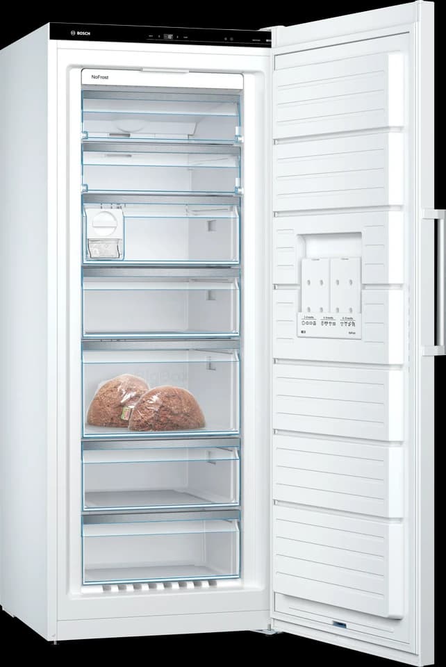 Congelatore verticale Bosch Serie 6 GSN54AWDV bianco con la porta aperta e i cassetti trasparenti, fotografia ufficiale