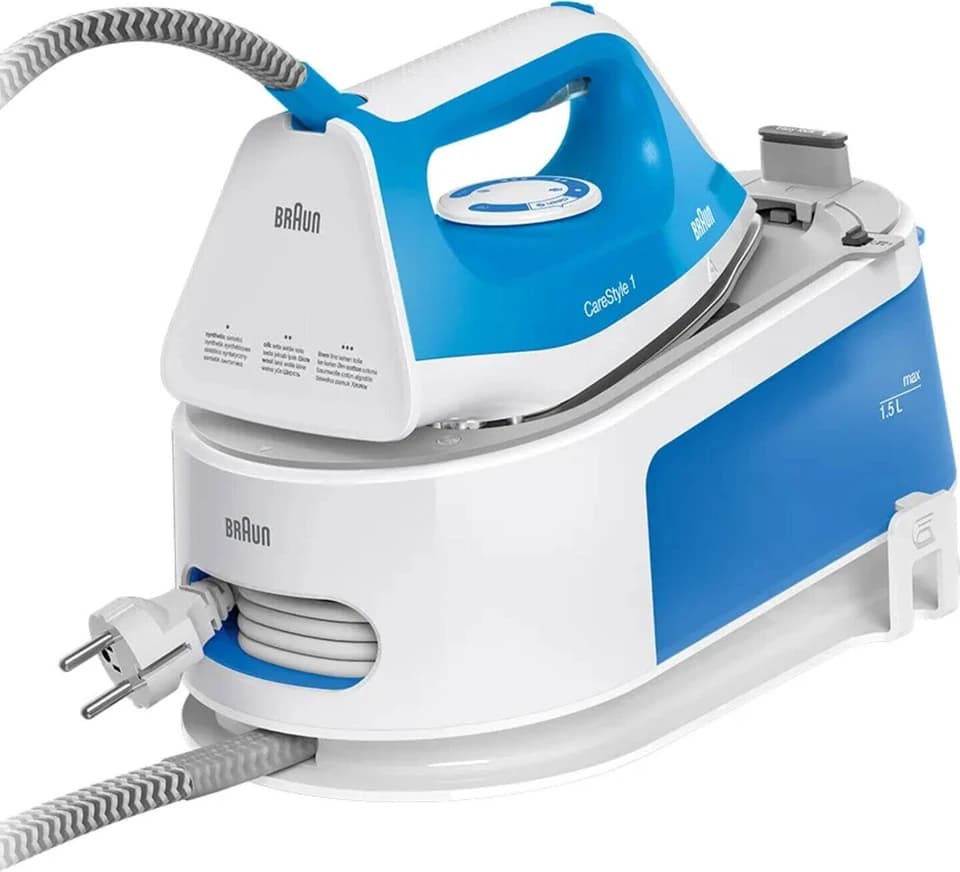 Braun CareStyle 1 IS1012BL bianco e azzurro con il ferro sulla base, fotografia ufficiale