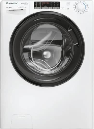 Lavasciuga slim Candy Smart Pro Inverter CSOW 4746TWMB5-S bianca con l’oblò nero e la manopola dei programmi, fotografia ufficiale