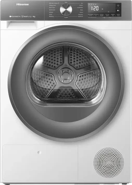 Asciugatrice Hisense 3S DH3S902BWCCA bianca con il pannello grigio e l’oblò argento, fotografia ufficiale