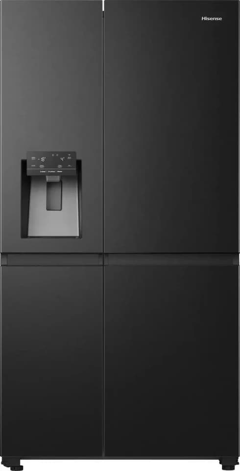 Hisense RS818N4TFE nero a porte chiuse con il dispenser sull’anta sinistra, fotografia ufficiale