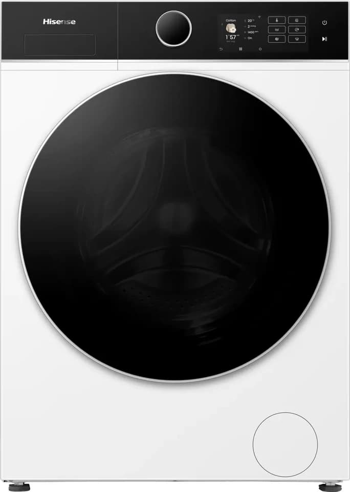 Lavasciuga slim Hisense WD5I8043BWF bianca con il pannello comandi nero e l’oblò nero, fotografia ufficiale