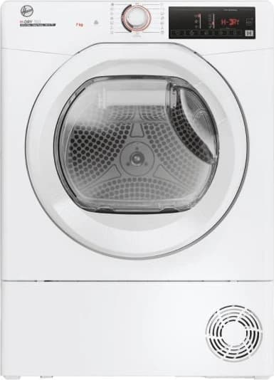 Asciugatrice slim Hoover H-DRY 350 HR4 H7A2TE-S bianca con l’oblò trasparente e il display digitale, fotografia ufficiale