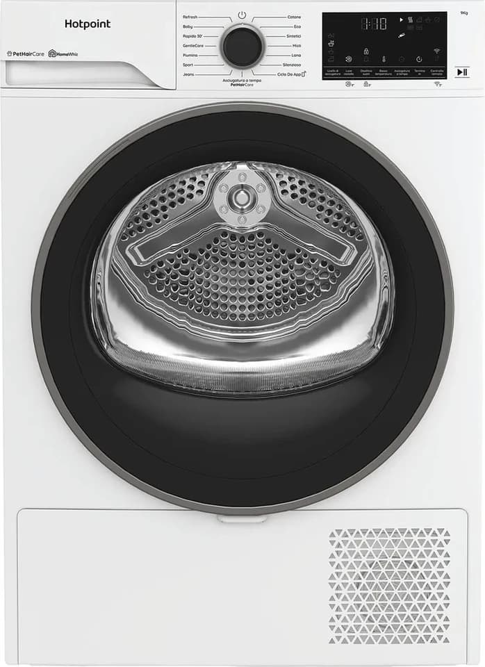 Asciugatrice Hotpoint HPT 95D BS IT bianca con l’oblò nero e il display digitale, fotografia ufficiale