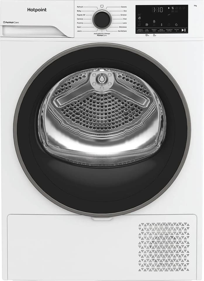 Asciugatrice slim Hotpoint HPTS 74D BS IT bianca con l’oblò nero e il display digitale, fotografia ufficiale