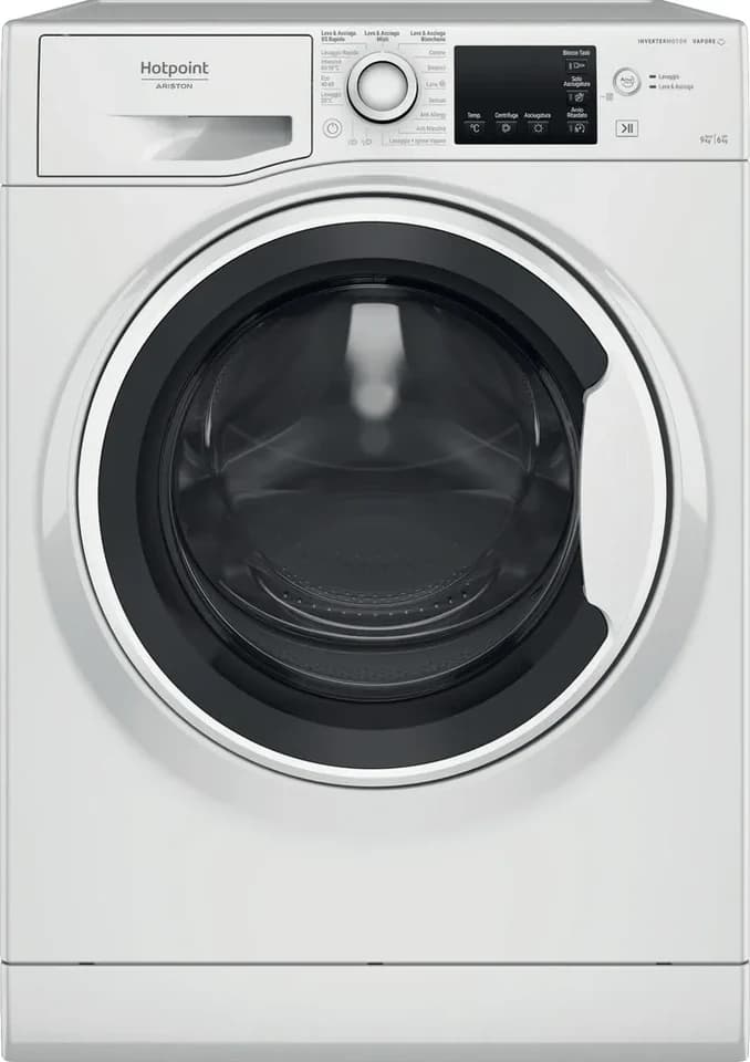 Lavasciuga Hotpoint NDBR 984469 WA IT bianca con l’oblò dal bordo bianco e il pannello comandi con la manopola, fotografia ufficiale