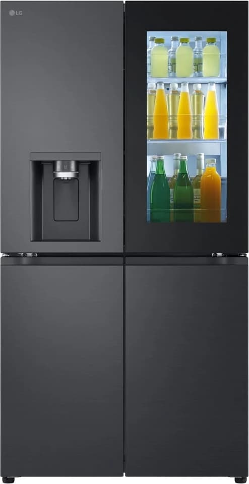 LG GMG960EVJE Essence Black Steel a porte chiuse con il dispenser di acqua e ghiaccio sulla porta, fotografia ufficiale