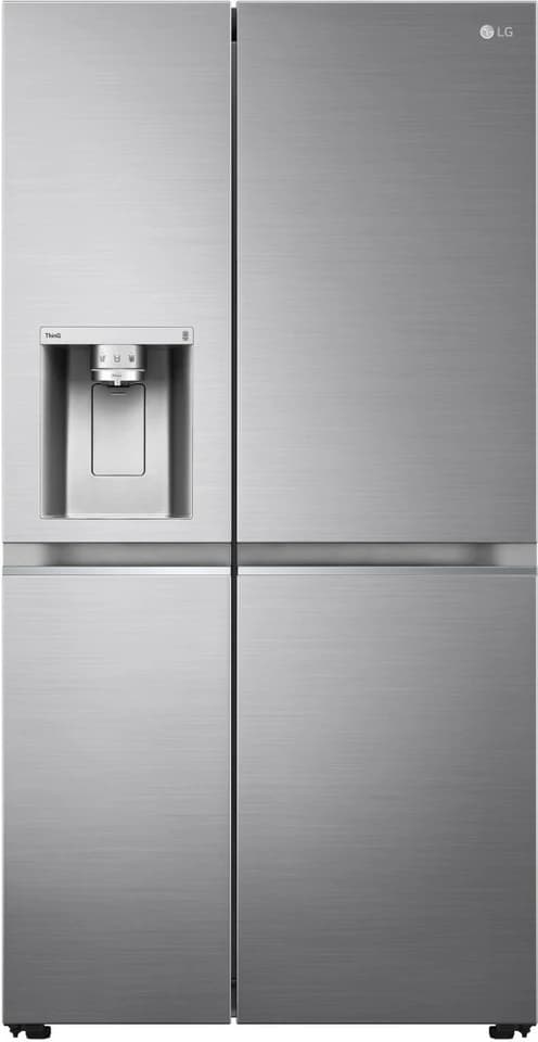 LG GSLV90PZAD in acciaio inox a porte chiuse con il dispenser di acqua e ghiaccio sulla porta, fotografia ufficiale
