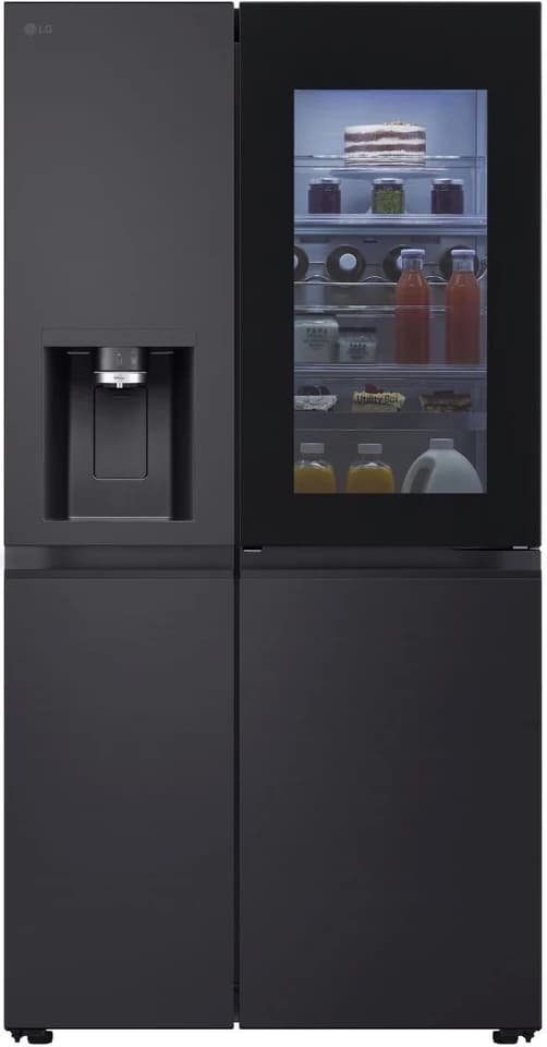 LG GSXE91EVAD nero a porte chiuse con il pannello InstaView illuminato e il dispenser, fotografia ufficiale