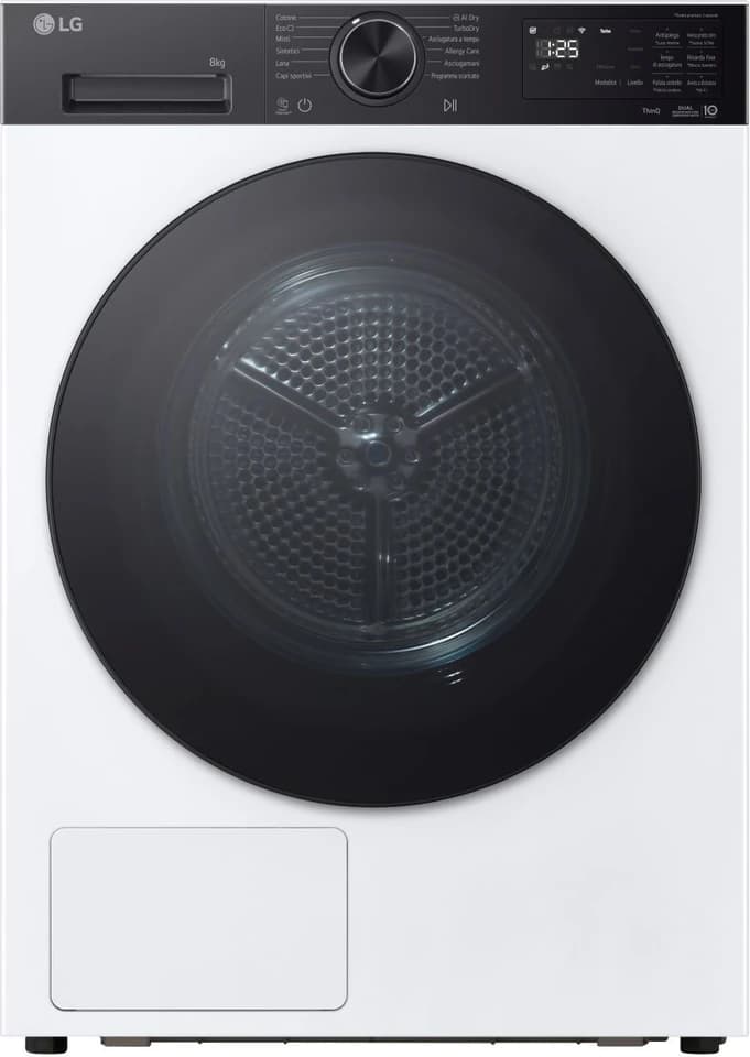 Asciugatrice LG RNX5008TKB bianca con il pannello dei comandi nero e l’oblò scuro, fotografia ufficiale