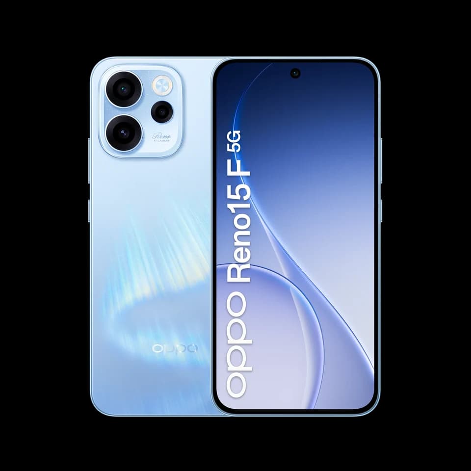 OPPO Reno15 F 5G Aurora Blue, fotografia ufficiale anteriore e posteriore
