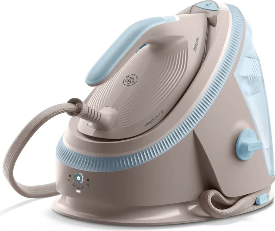 Philips PerfectCare 7000 PSG7200/60 beige e azzurro con il ferro sulla base, fotografia ufficiale
