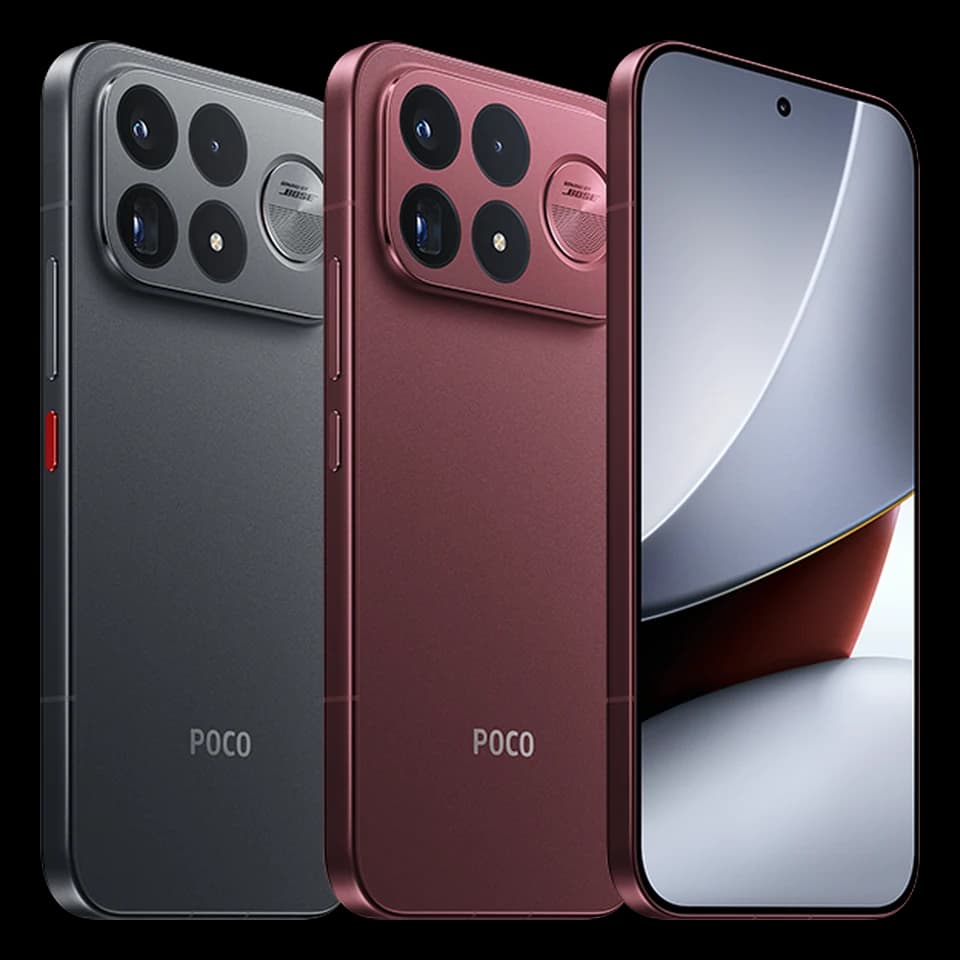 POCO F9 Ultra nelle finiture Nero e Ciliegia scura, fotografia ufficiale posteriore e frontale