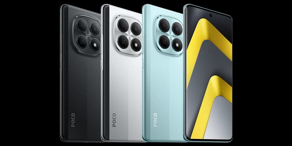 POCO M8 5G, immagine ufficiale delle finiture nera, argento e verde con vista frontale