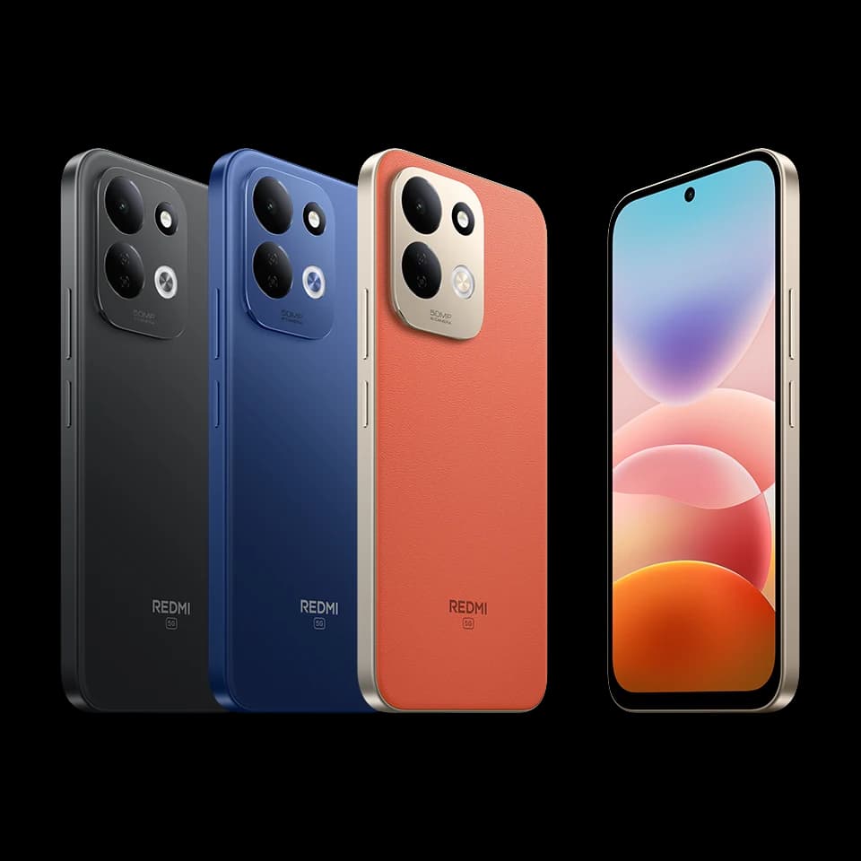 REDMI 17 5G nelle finiture Black, Deep Blue e Vivid Orange, fotografia ufficiale posteriore e frontale