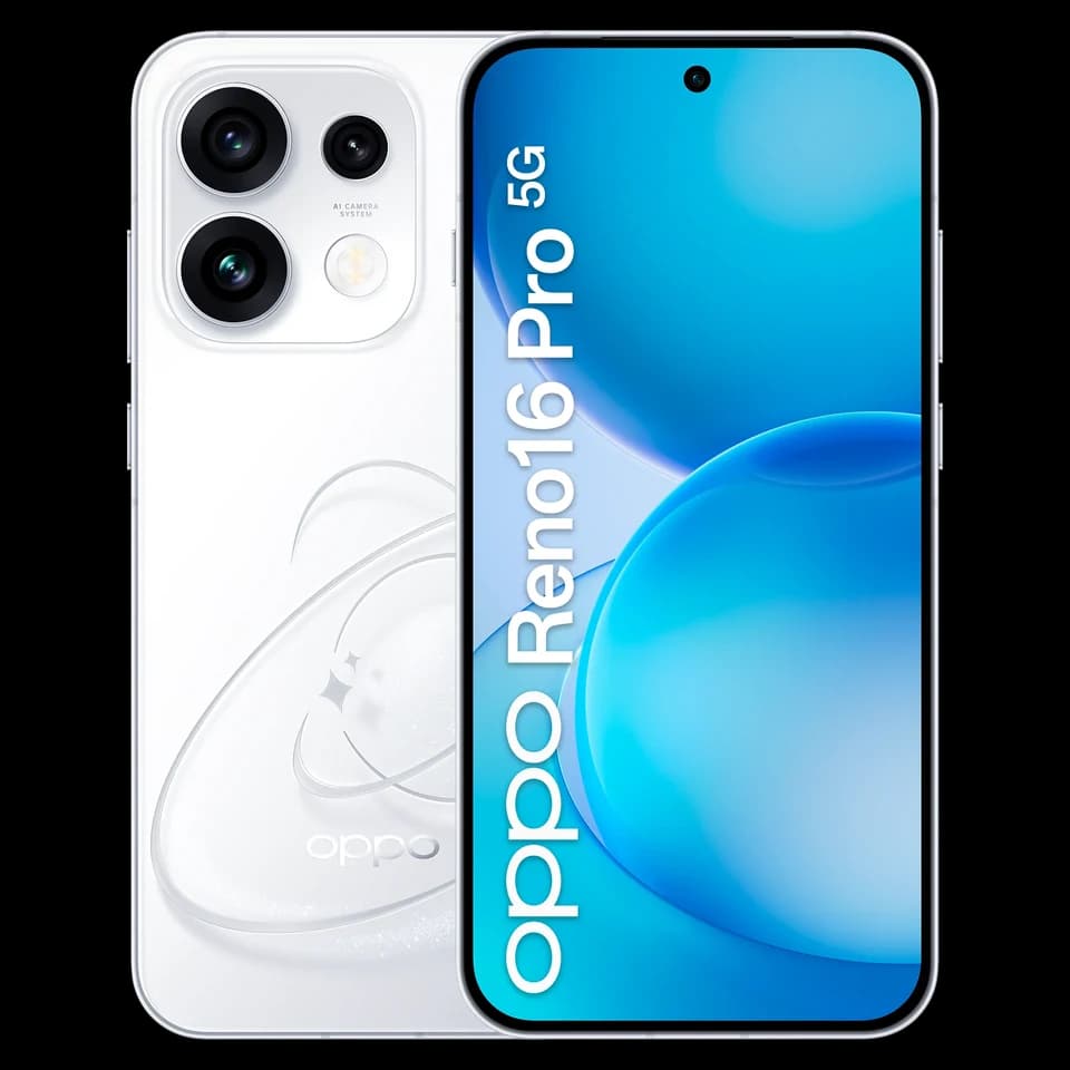 OPPO Reno16 Pro 5G Pop White, fotografia ufficiale posteriore e frontale