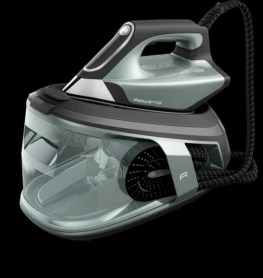 Rowenta Force Pro 500 VR9042F0 verde eucalipto e nero con il ferro sulla base, fotografia ufficiale