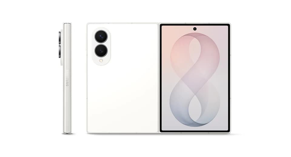 Samsung Galaxy Z Fold8 Cream, fotografia ufficiale di profilo, retro e schermo interno