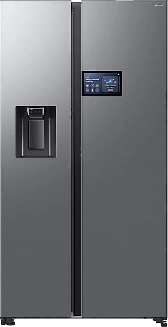 Samsung RS90F65EDT/EF in acciaio inox a porte chiuse con lo schermo AI Home e il dispenser, fotografia ufficiale