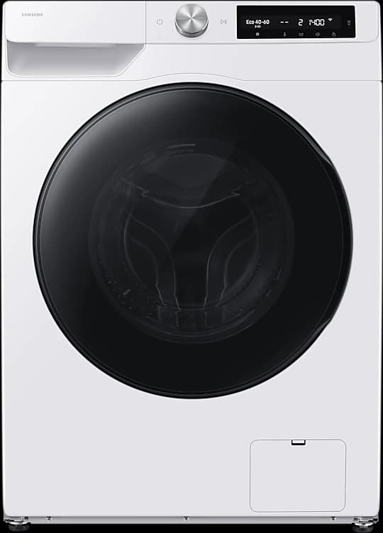 Lavasciuga Samsung WD90HG6U94BE/U3 bianca con l’oblò nero e il display in alto, fotografia ufficiale