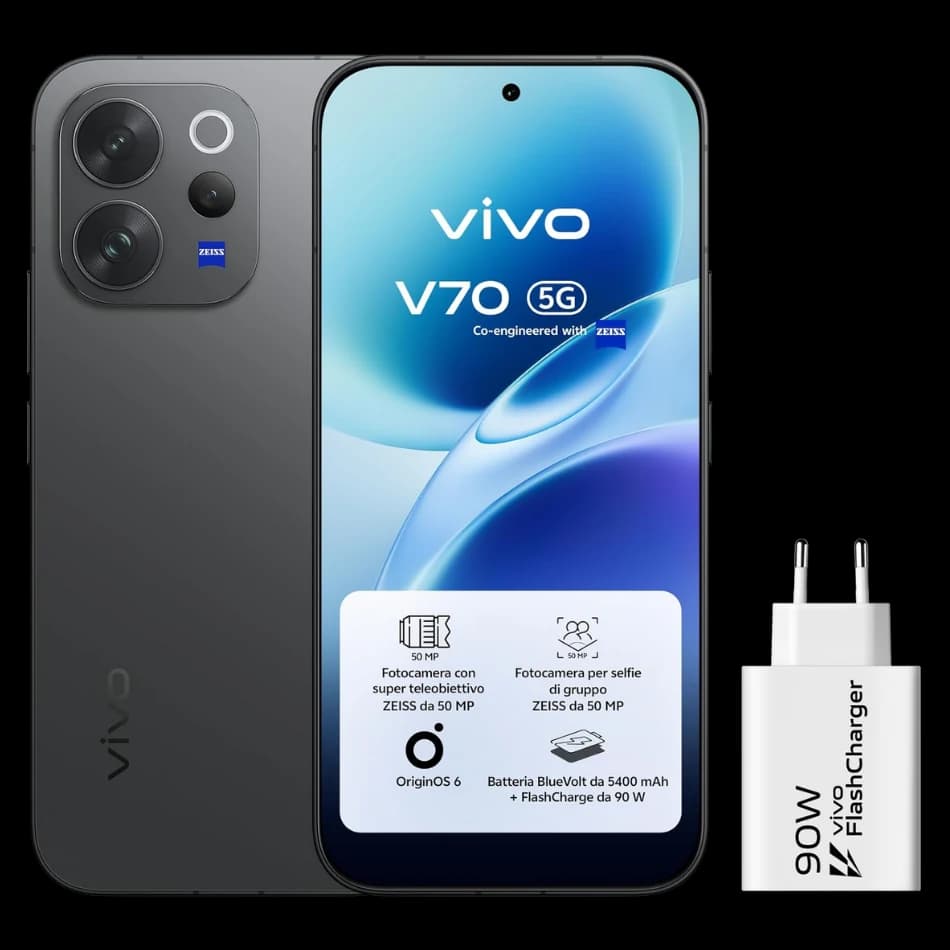 Vivo V70 Authentic Black, fotografia ufficiale posteriore e frontale con alimentatore da 90 W