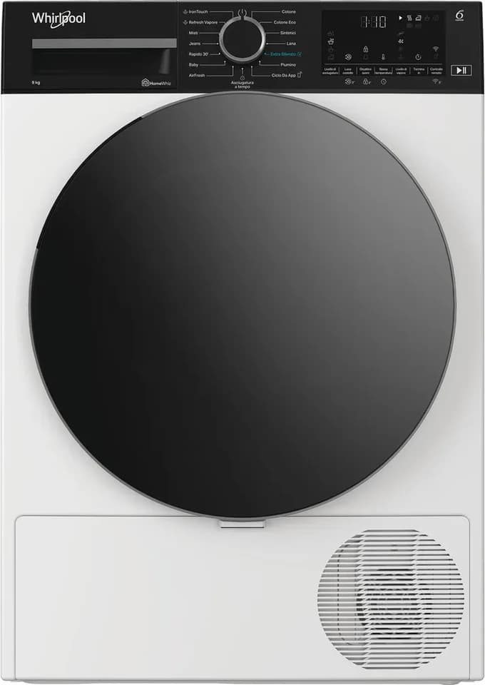 Asciugatrice Whirlpool C WD 96M WBS IT bianca con il pannello nero e l’oblò scuro, fotografia ufficiale