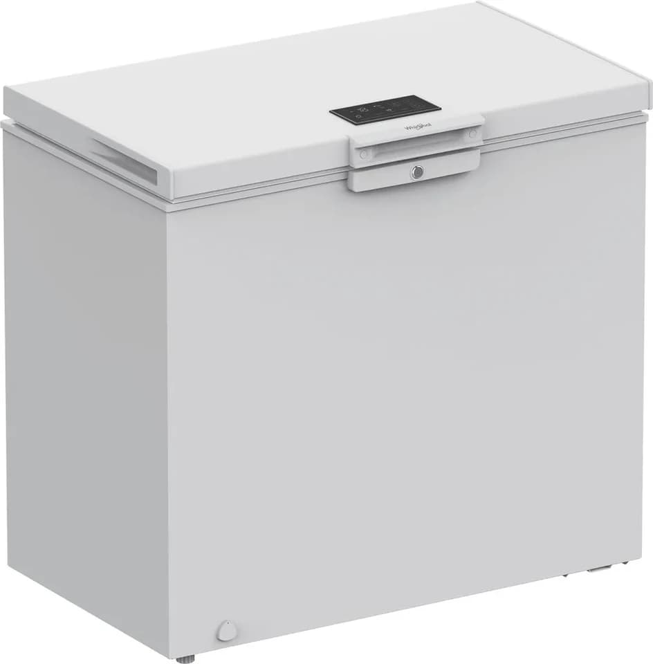 Congelatore a pozzetto Whirlpool W3RHS19EW1 bianco con il coperchio chiuso, fotografia ufficiale